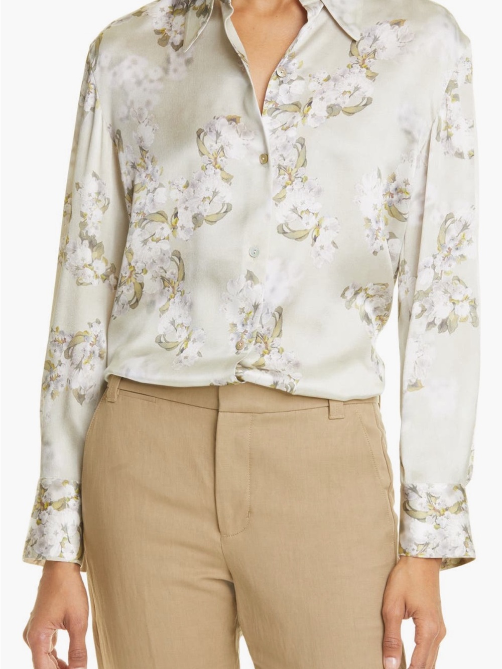 Vince Celery Hazy Blossom Floral Satin Button-Down Shirt